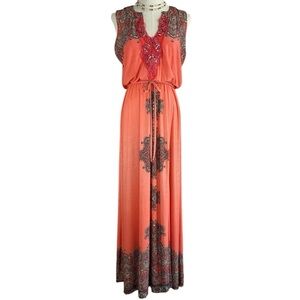 Paisley Chiffon Sleeveless Maxi Dress Size Small Rhinestone Sequin Detail